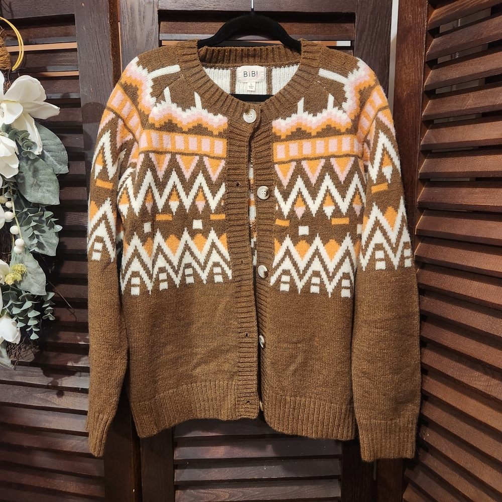 BiBi Brown Aztec Knit Cardigan with White and Pink Accents